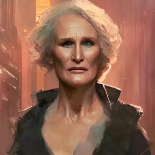 Image similar to glenn close, hyperrealistic portrait, bladerunner street, art of elysium by jeremy mann and alphonse mucha, fantasy art, photo realistic, dynamic lighting, artstation, poster, volumetric lighting, very detailed face, 4 k, award winning