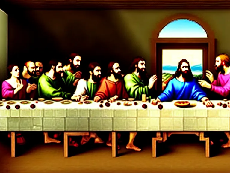 Prompt: smash bros renaissance painting of the last supper with nintendo consoles and game boxes piled everywhere