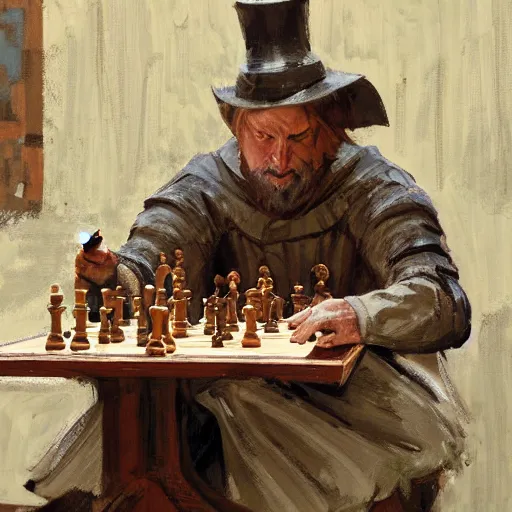 Image similar to portrait of man in medieval clothes playing chess, detailed by greg manchess, craig mullins, bernie fuchs, walter everett