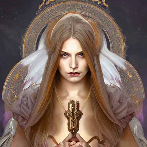 Prompt: A beautiful digital painting of a strong woman archangel with blond hair, in a regal armor, princess, a ghostly skull behind her, D&D, fantasy, intricate, cinematic lighting, highly detailed, digital painting, Artstation, concept art, smooth, sharp focus, illustration, art by Artgerm and Greg Rutkowski, Alphonse Mucha and charlie bowater