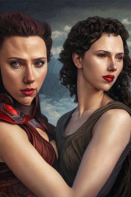 Image similar to A fantasy comic book style Oil Painting portrait of Scarlett Johansson and Gal Gadot, as Atlantean Reptilian Warriors, Mystical Valkyrie, unreal 5, DAZ, hyperrealistic, octane render, Regal, Refined, Detailed Digital Art, RPG portrait, William-Adolphe Bouguereau, Michael Cheval, Walt Disney (1937), François Boucher, Steampunk, Josephine wall, dynamic lighting, Highly Detailed, Cinematic Lighting, Unreal Engine, 8k, HD