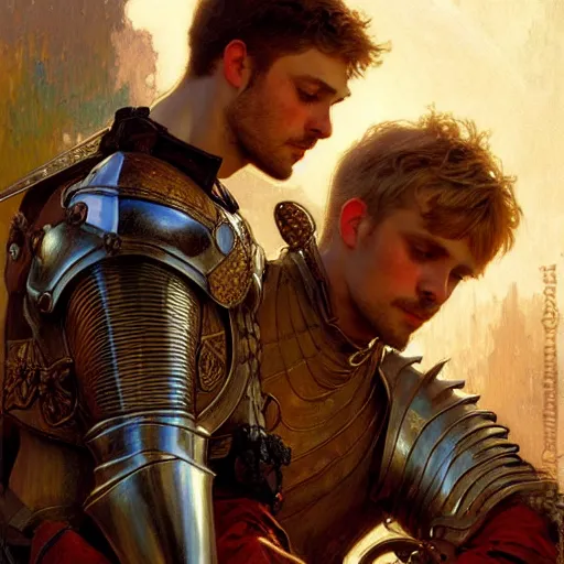 Image similar to attractive arthur pendragon and his attractive male knight, they are in love, natural lighting, path traced, highly detailed, high quality, digital painting, by gaston bussiere, craig mullins, alphonse mucha j. c. leyendecker