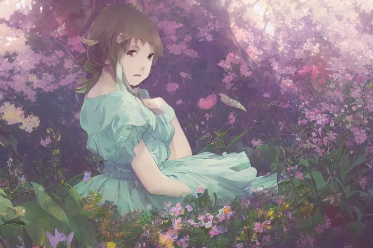 Prompt: a depressed digital art, loli in dress, garden, green and warm theme, blue accents, back lighting, highly detailed, 4 k resolution, trending on art station, by krenz cushart and mucha and akihito yoshida and greg rutkowski and makoto shinkai