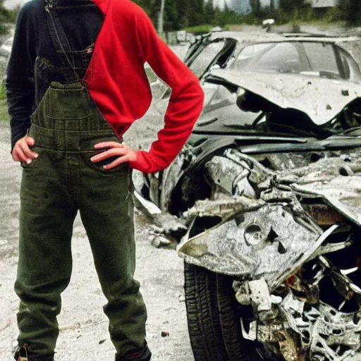 Prompt: close up headshot of a swiss teen as a skinny high-fantasy elf with a long face narrow chin and spiky blonde hair wearing dark brown overalls and holding a bomb next to a destroyed car, high resolution film still, HDR color