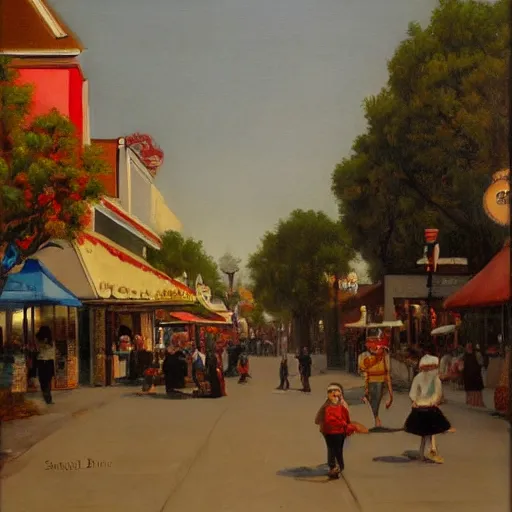 Image similar to Santa cruz main street, early morning with people and children with baloons walking around, eugène de lacroix painting, aesthetic,