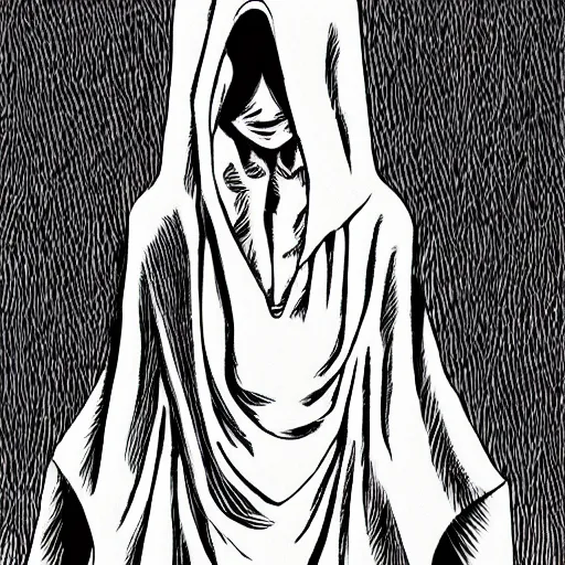 Prompt: hooded man, junji ito,