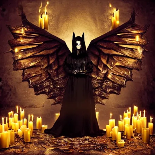 Prompt: gothic ritual with many golden candles, german shepherd with dragon wings in gothic makeup, gloomy, candlelight, intricate detail faces, fireplace photograph