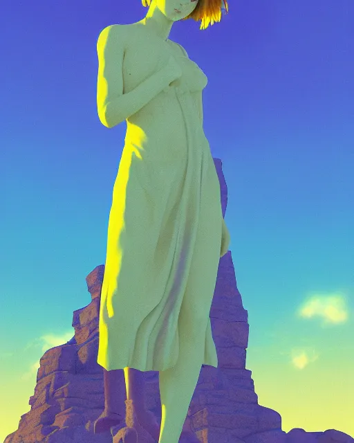 Image similar to a painting of a woman standing in front of a statue, a screenshot by stanley twardowicz, cgsociety, aestheticism, aesthetic, vaporwave, anime aesthetic