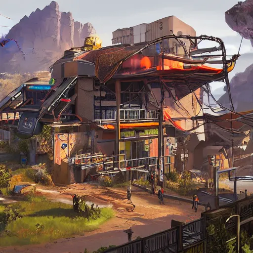 Image similar to advanced power source with power lines from apex legends in a pleasant urban setting surrounded by families, art station, ultra hd, soft light, overhead sun, ultra hd, art station