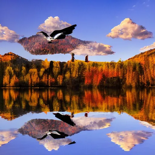 Image similar to photo of two black swans swimming in a beautiful reflective mountain lake, touching heads, forming a heart with their necks, a colorful hot air balloon is flying above the swans, hot air balloon, intricate, 8k highly professionally detailed, HDR, CGsociety