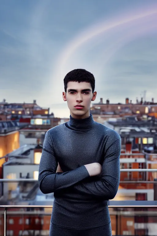 Image similar to un ultra high definition studio quality photographic art portrait of a young man standing on the rooftop of a british apartment building wearing soft padded silver pearlescent clothing. three point light. extremely detailed. golden ratio, ray tracing, volumetric light, shallow depth of field. set dressed.