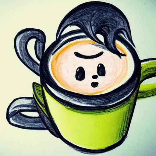 Image similar to a hand drawn cute illustration of a living box of KD holding a cup of coffee