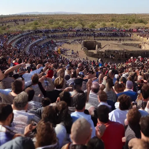 Image similar to anthropomorphic gladiators arena fighting for life with a crowd of spectators, duunes desert