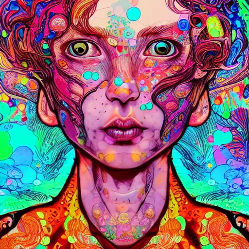 Image similar to girl with mushrooms, expressive digital art, psychedelic, lsd, by yoshitaka amano, by dan mumford, close - up portrait, trending on artstation, 4 k