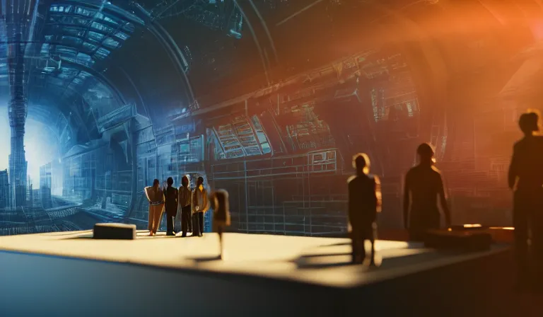 Image similar to group of people in walled warehouse, looking at hologram of futuristic city on a table, cinematic concept art, godrays, golden hour, natural sunlight, 4 k, clear details, tabletop model buildings, center model buildings, hologram center, crane shot, crane shot, crane shot