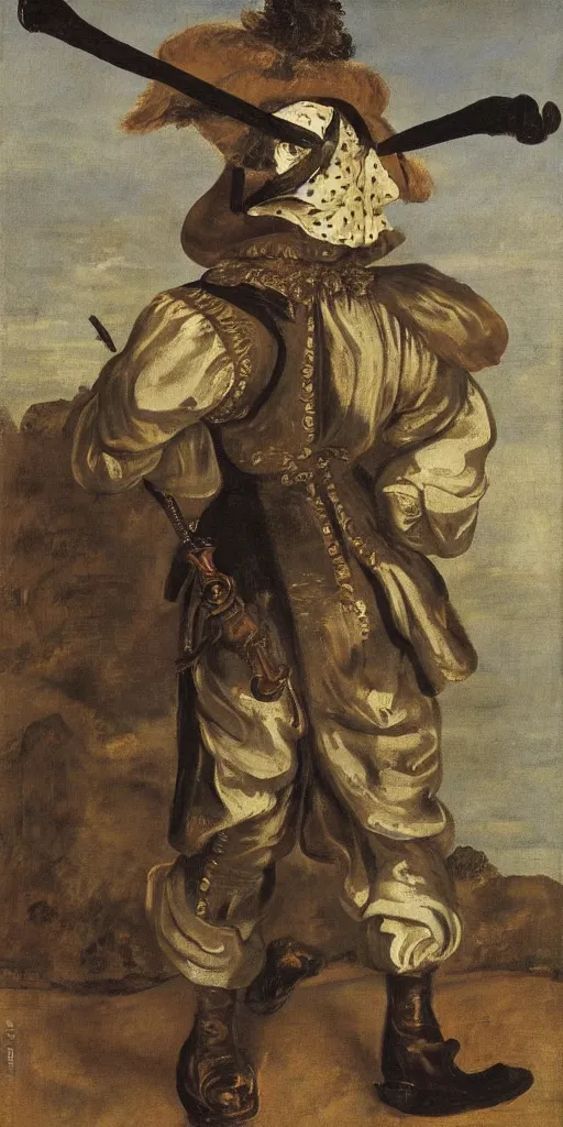 Image similar to faceless man flies over a landscape, he is wearing a comedy mask, he is wearing elizabethan boots and ruff, he carries a broadsword in his left hand, painted by frans hals, dramatic theater lighting