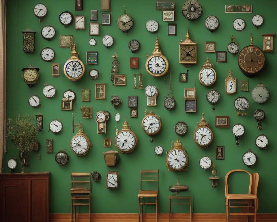 Image similar to an achingly beautiful print of hundreds of ornate clocks on a dark green wall by Raphael, Hopper, and Rene Magritte. detailed, romantic, enchanting, trending on artstation.
