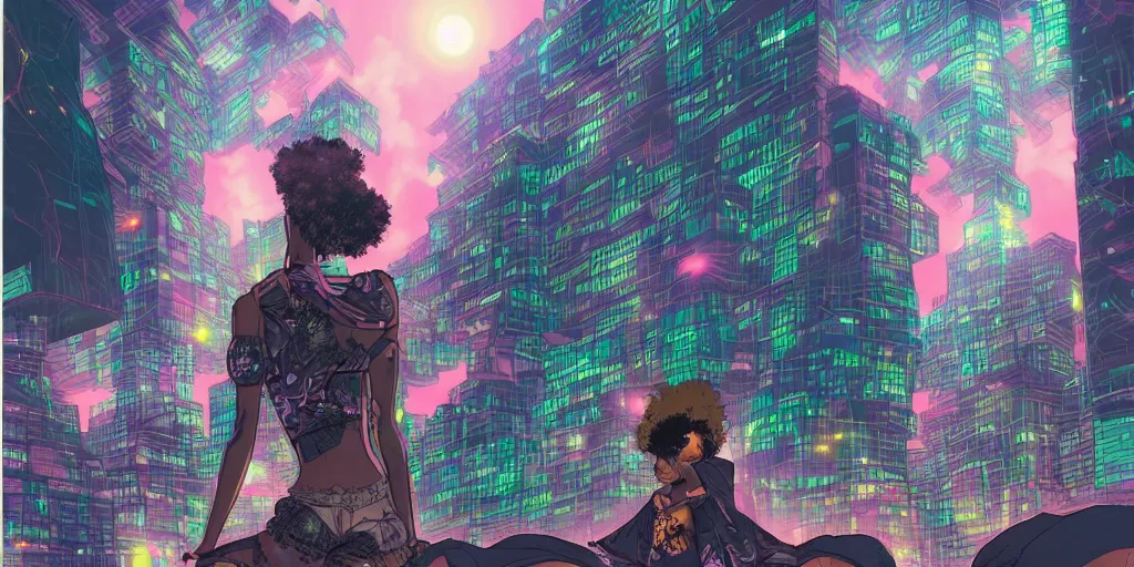 Image similar to an afropunk girl looking into an expansive afro futuristic city at night during a thunderstorm in the style of masamune shirow, anime, cinematic