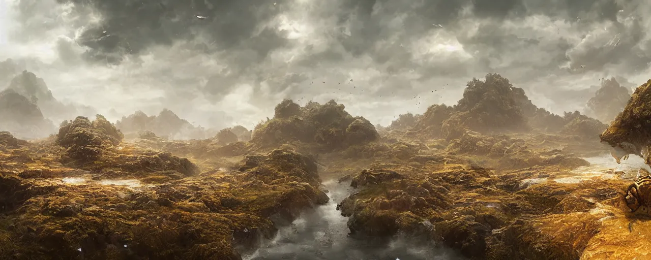 Prompt: ” otherwordly landscape covered with thick cream and honey, [ by wlop, cinematic, detailed, epic, widescreen, opening, establishing, mattepainting, photorealistic, realistic textures, octane render ] ”
