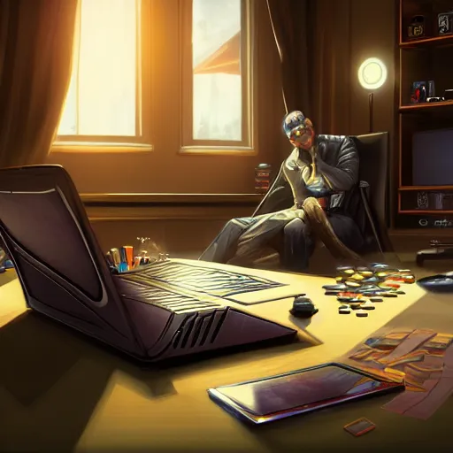 Image similar to realistic rich man using laptop in gaming room, money on floor, artstation trends, sci fi concept art, highly detailed, intricate, sharp focus, digital art, 8 k