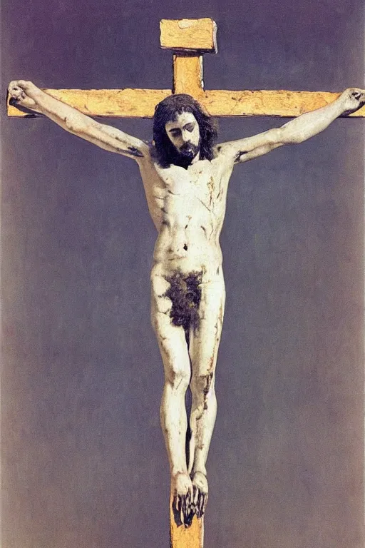 Image similar to jesus christ crucified painted by cy twombly and andy warhol