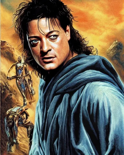 Prompt: brendan fraser in the mummy, airbrush, drew struzan illustration art, key art