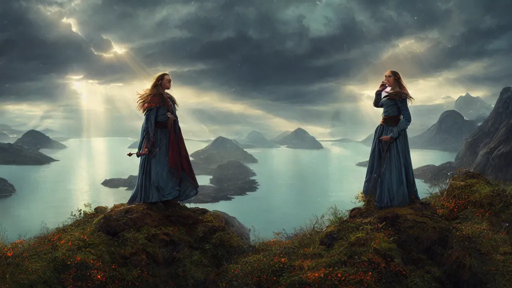 Image similar to wizard, norway fjord, natalie portman, hudson river school, max rive, full plate armor, f 1 6, bokeh, gentle, female, snowy, storm clouds, god rays, close up portrait, d & d, fantasy, elegant, teal orange color palette, concept art, roger deakins and greg rutkowski and alphonse mucha