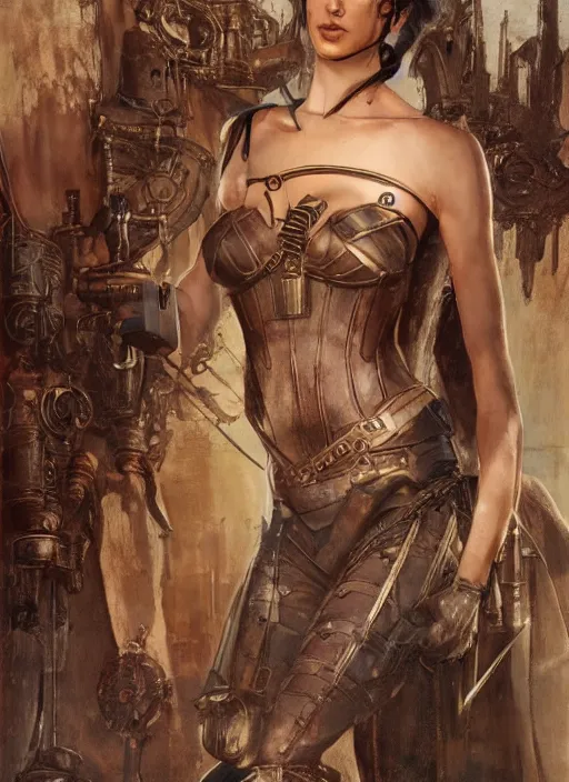 Image similar to highly detailed steampunk gal gadot standing, steel age : leonardo da vinci, greg rutkowski, magali villeneuve