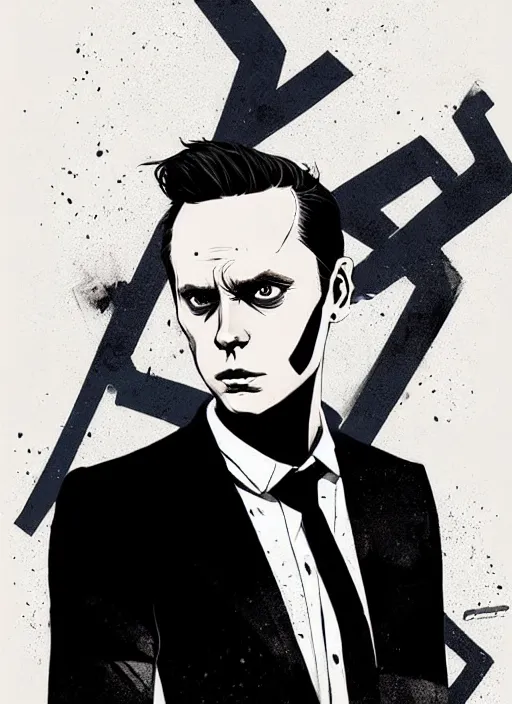 Image similar to highly detailed closeup portrait of martin wallstrom, tyrell wellick, slick back hair wearing suit by atey ghailan, by greg rutkowski, by greg tocchini, by james gilleard, by joe fenton, by kaethe butcher, gradient blue, black and white only color scheme, grunge aesthetic!!! ( ( graffiti tag wall background ) )