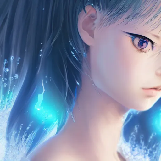 Image similar to advanced digital portrait painting photograph, a very beautiful anime girl wearing a dress made of water standing in a crystal lake turning into mist , full body, very long black hair, azure blue watery eyes, full round face, cinematic lighting, MCU, mid-shot, highly detailed, trending on artstation, Unreal Engine 4k, Stanley Artgerm Lau, WLOP, Rossdraws, James Jean, Andrei Riabovitchev, Marc Simonetti, and Sakimichan