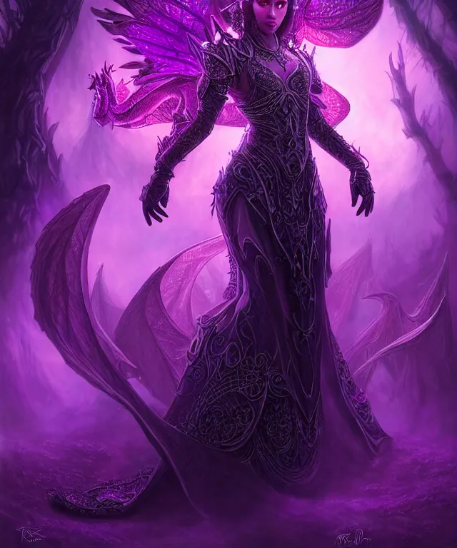 Image similar to ultra detailed, magical realism, portrait painting, of the beautiful empress in black dragon armor within the enchanted purple forest, glowing purple, volumetric lighting, illusion, intricate details, by ross tran.