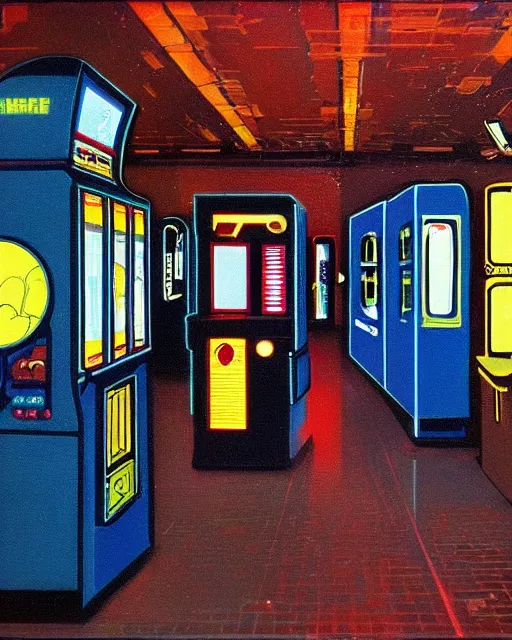 Image similar to arcade at night. 8 0 s era technology, vintage shapes, retro technology, vintage color, wayne barlow, oil on canvas, deep depth of field, masterpiece, cinematic composition, hyperdetailed