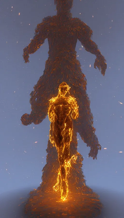 Image similar to a god made of golden fire, concept art, volumetric lighting