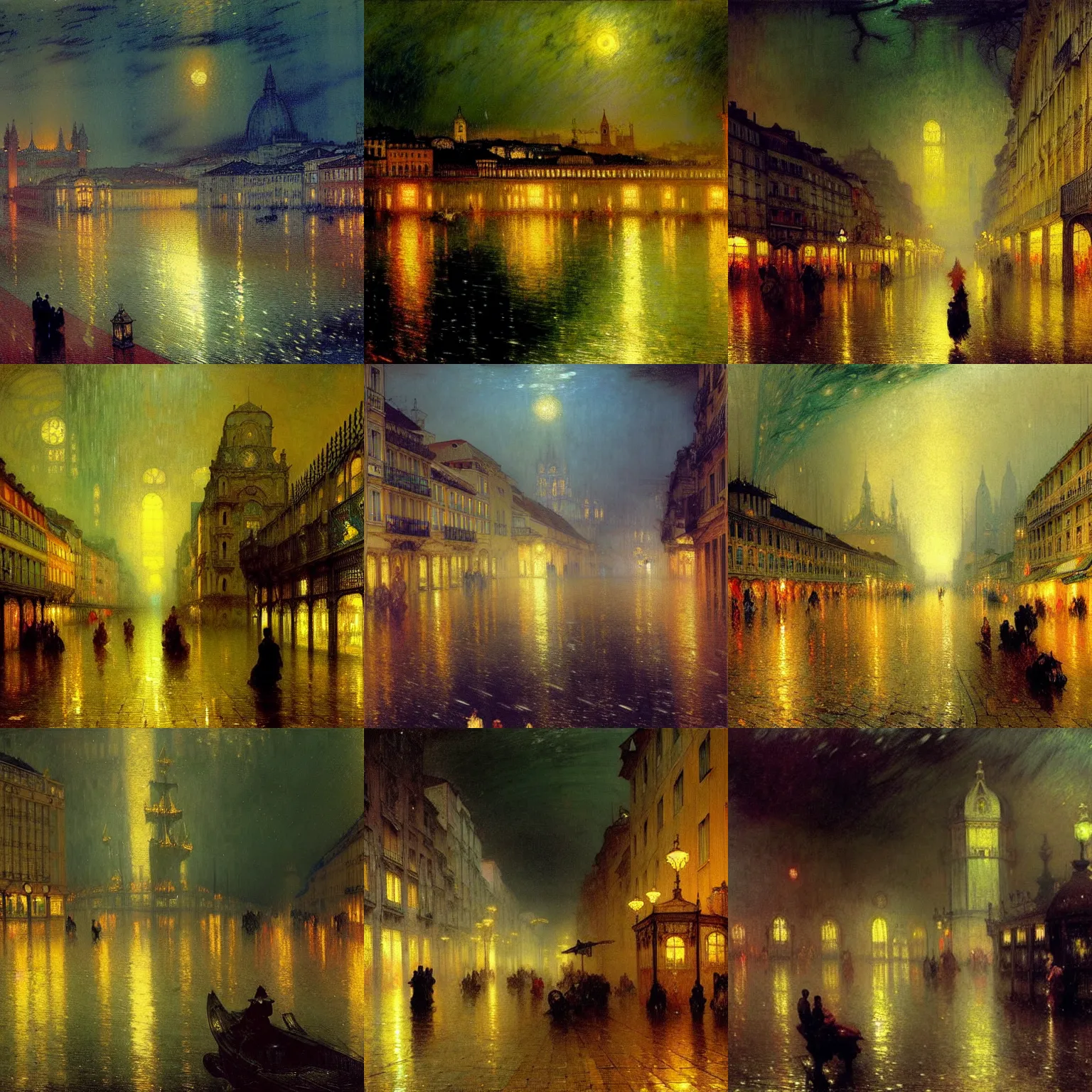 Prompt: The Raining City of Lisbon at night, high resolution fantasy concept art, intricate details, soft lighting, Dramatic godrays by alphonse mucha, Aert van der Neer, Lesser Ury, John Atkinson Grimshaw, Jean-François Millet, Joseph Mallord William Turner, Ivan Aivazovsky, George Inness, dream vividness and full clarity