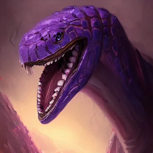 Image similar to a portrait of a violet snake-head, snake head, two fangs, violet theme, epic fantasy digital art, fantasy style art, by Greg Rutkowski, fantasy hearthstone card art style