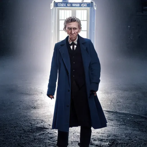 Image similar to tom holland as a rough dirty old man with a scruffy beard in a dark blue trenchcoat as the new doctor who, cinematic, volumetric lighting, f 8 aperture, cinematic eastman 5 3 8 4 film, photorealistic