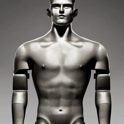 Prompt: a realistic detailed photo of a guy who is an attractive humanoid who is half robot and half humanoid, who is a male android, soccer player matthjis de ligt, shiny skin, posing like a statue, blank stare, in a living room, on display, showing off his muscles