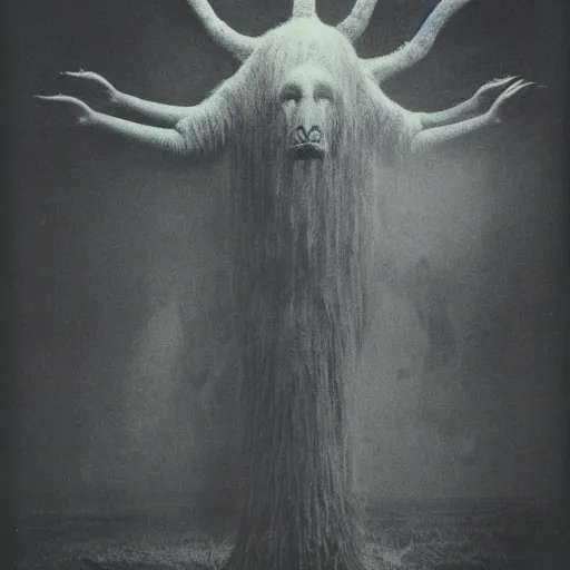Image similar to vintage photography of realistic faceless beast-god with many long arms, a huge body covered with deep furs by Zdzisław Beksiński, odd eye, dark fantasy, abomination, blur, haze, fog, vignetting, platinum printing