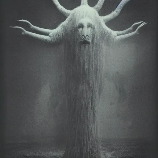 Eerie Thin Pale White Humanoid Figure in Dark Forest · Creative Fabrica