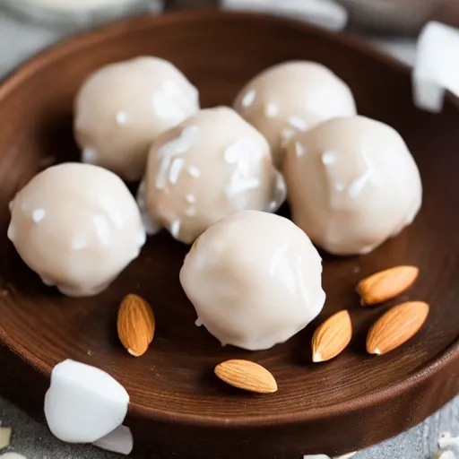 Prompt: delicious donut holes glazed with white chocolate, almonds and coconut shavings, a cup of tea