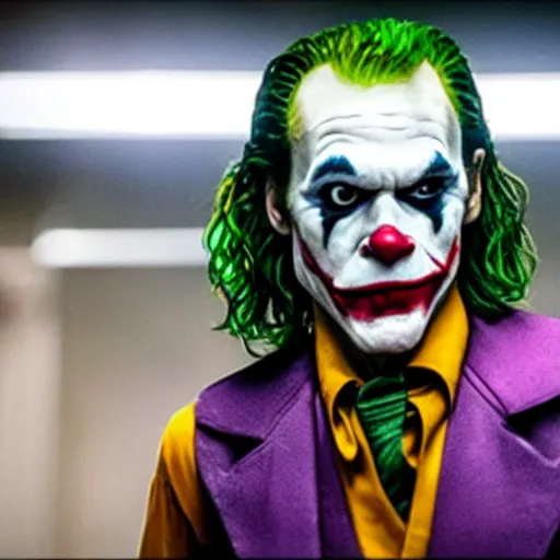 Prompt: film still of Kevin Bacon as joker in the new Joker movie
