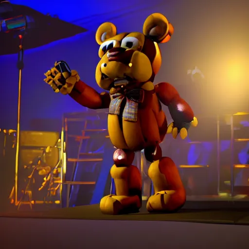 Image similar to Freddy fazbear performing on stage, award winning, trending on artstation, unreal engine