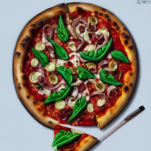 Image similar to Pizza, veggies, guitar, extremely Highly detailed, Occult, funny, humorous, humor, hilarious, funny, entertaining, magical, trending on artstationHQ, closeup, D&D, intricate, elegant, highly detailed, digital painting, artstation, concept art, matte, sharp focus, illustration, surrealism