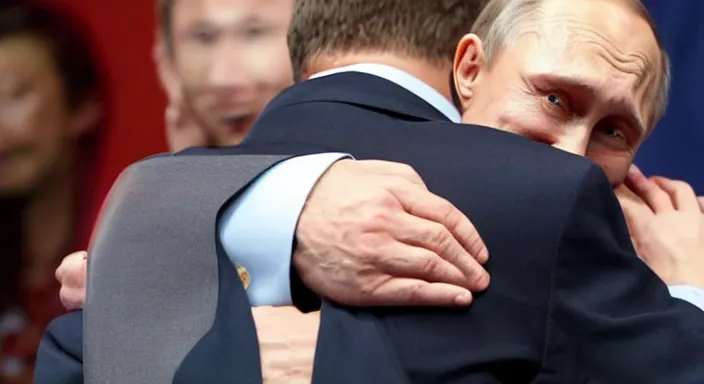 Prompt: vladimir zelensky hugging vladimir putin. photo from new york times