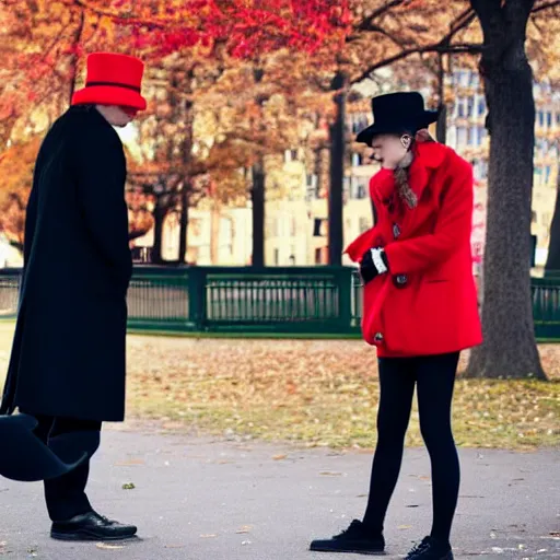 Image similar to A thin man in a black coat and bowler hat talks with small young girl dressed in a red coat and a red hat, park, autumn, Berlin, in style of valentine aerobics, wide angle, high detail, width 768