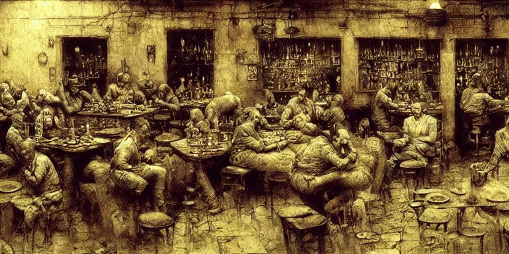 Image similar to busy tavern scene by Beksinski, Luis Royo