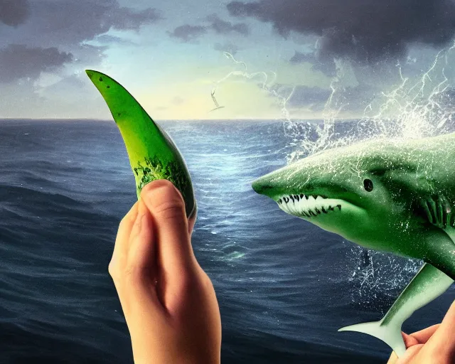 Prompt: 5 5 mm photo of two fingers holding a large green grape with a shark swimming inside, on the shore. magical atmosphere. art by greg rutkowski. highly detailed 8 k. intricate. lifelike. soft light. nikon d 8 5 0.