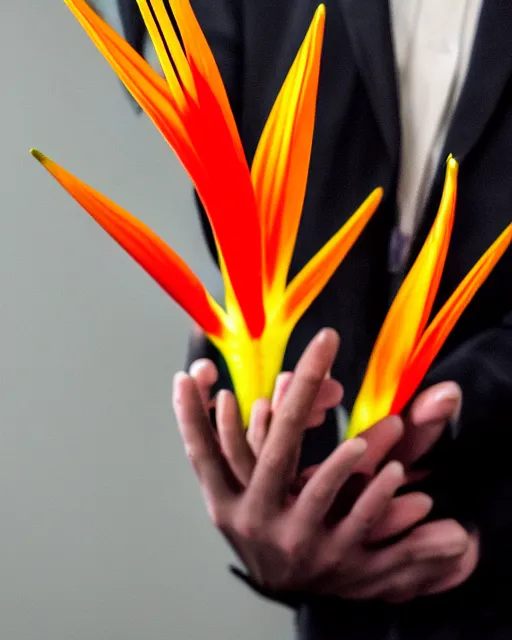 Image similar to hyperrealistic veiny human hands holding Birds of Paradise flowers dali robert steven connett dramatic orange light 8k low angle shallow depth of field