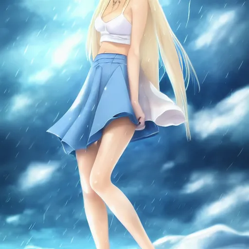 Prompt: full body shot : a very beautiful mature blond anime girl in a snowstorm, beanie, sky blue eyes,, bikini, miniskirt, highly detailed, cinematic wallpaper by stanley artgerm lau