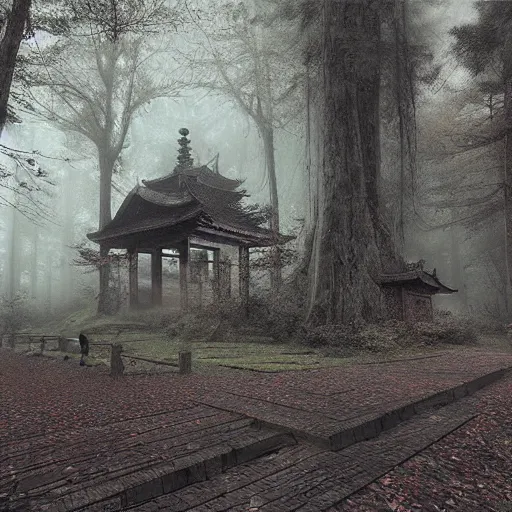 Image similar to Japanese abandoned temple in the woods, dark, moody, foggy, mysterious by Marc Simonetti